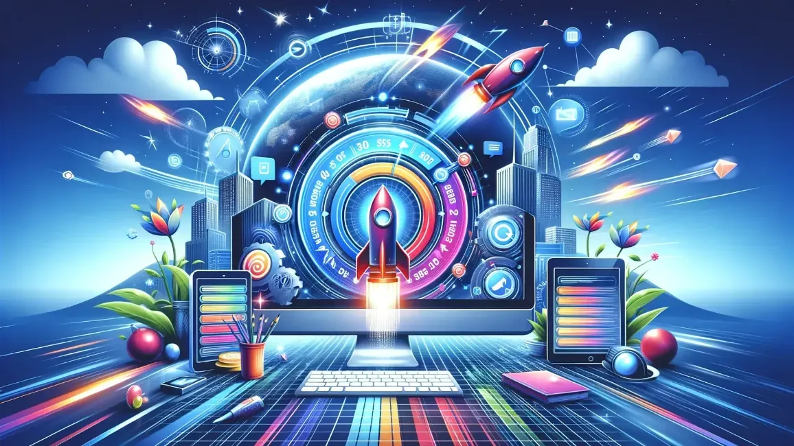 a computer monitor with a rocket flying out of it .