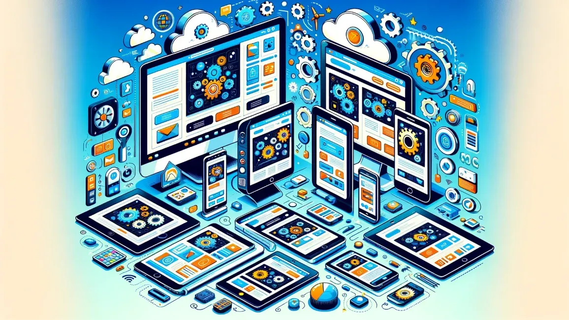 an isometric illustration of a computer surrounded by a bunch of phones and tablets .