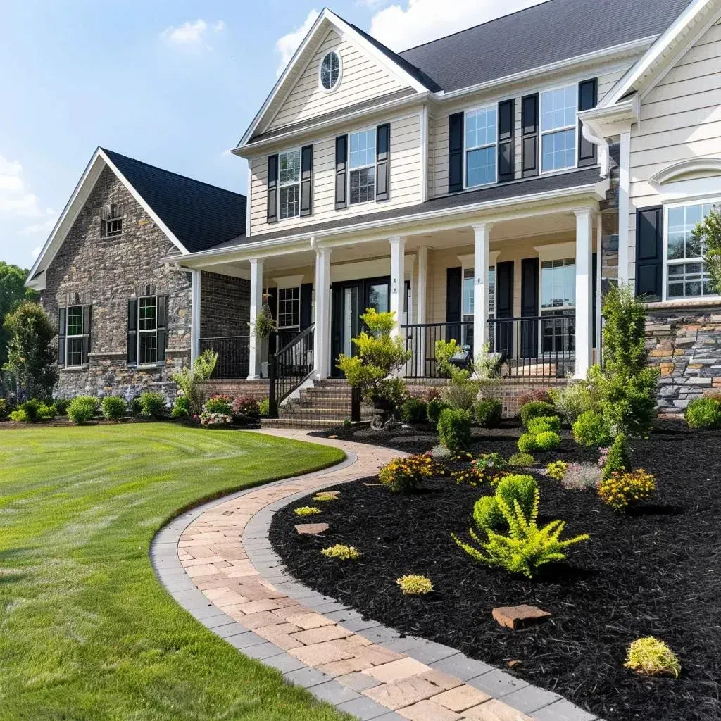 Large beige suburban house with porch, manicured lawn, and landscaped flower beds under a clear sky