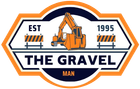 Logo reading &ldquo;The Gravel Man&rdquo; with an orange excavator, &ldquo;EST&rdquo; and &ldquo;1995&rdquo; on a white, orange, and navy badge