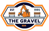 Logo reading “The Gravel Man” with an orange excavator, “EST” and “1995” on a white, orange, and navy badge