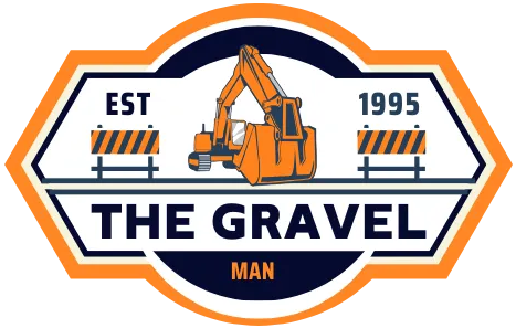 Logo reading &ldquo;The Gravel Man&rdquo; with an orange excavator, &ldquo;EST&rdquo; and &ldquo;1995&rdquo; on a white, orange, and navy badge
