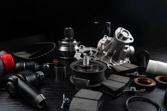 Vari componenti e attrezzi per motori di automobili, disposti su una superficie scura, con elementi metallici e cinghie di gomma nera.