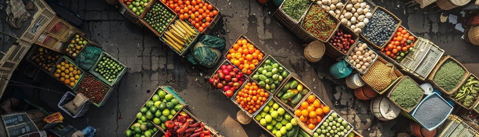 An aerial view of a market filled with lots of fruits and vegetables.