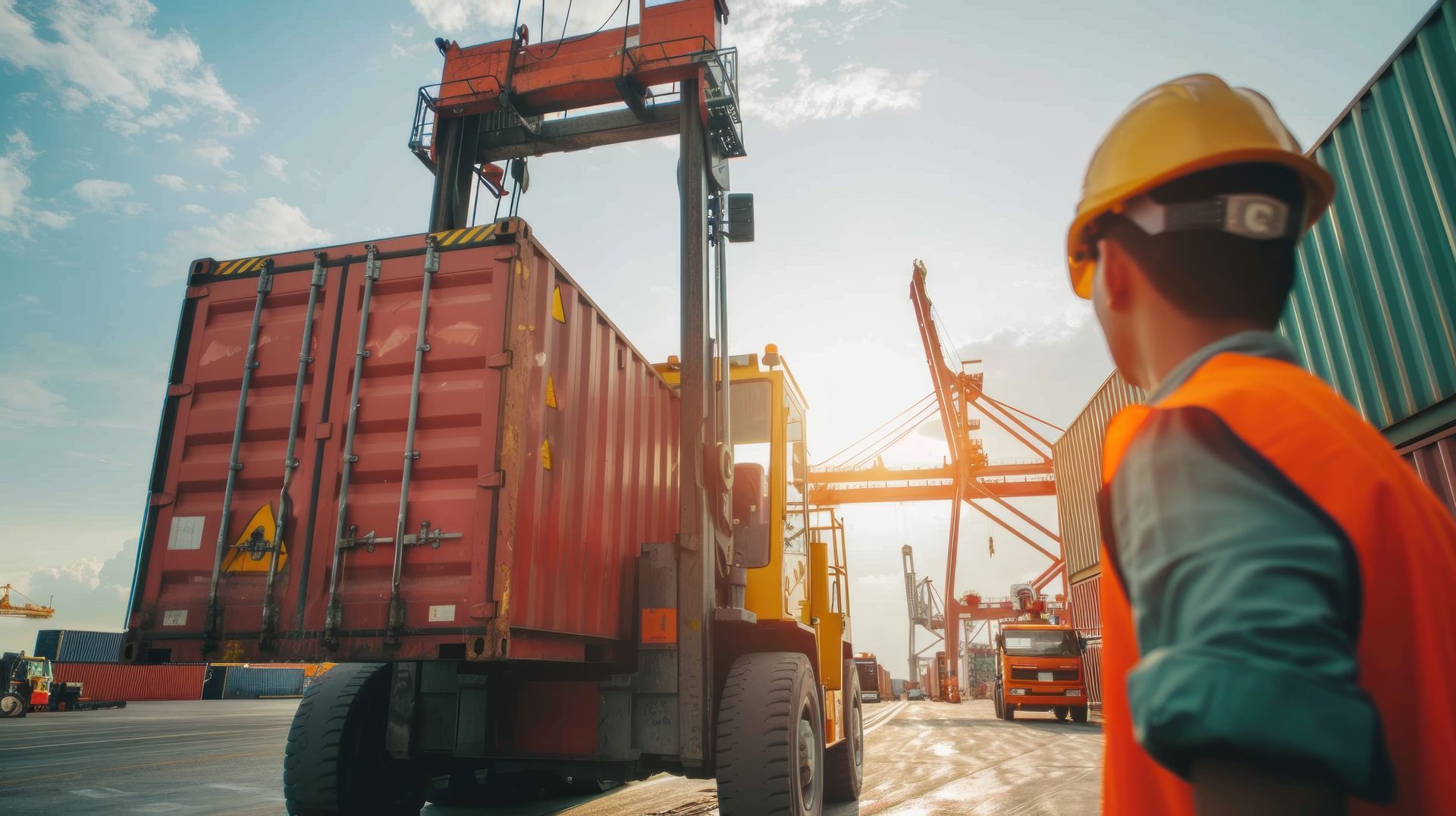 A man in an orange vest and hard hat is looking at a forklift loading a shipping container.