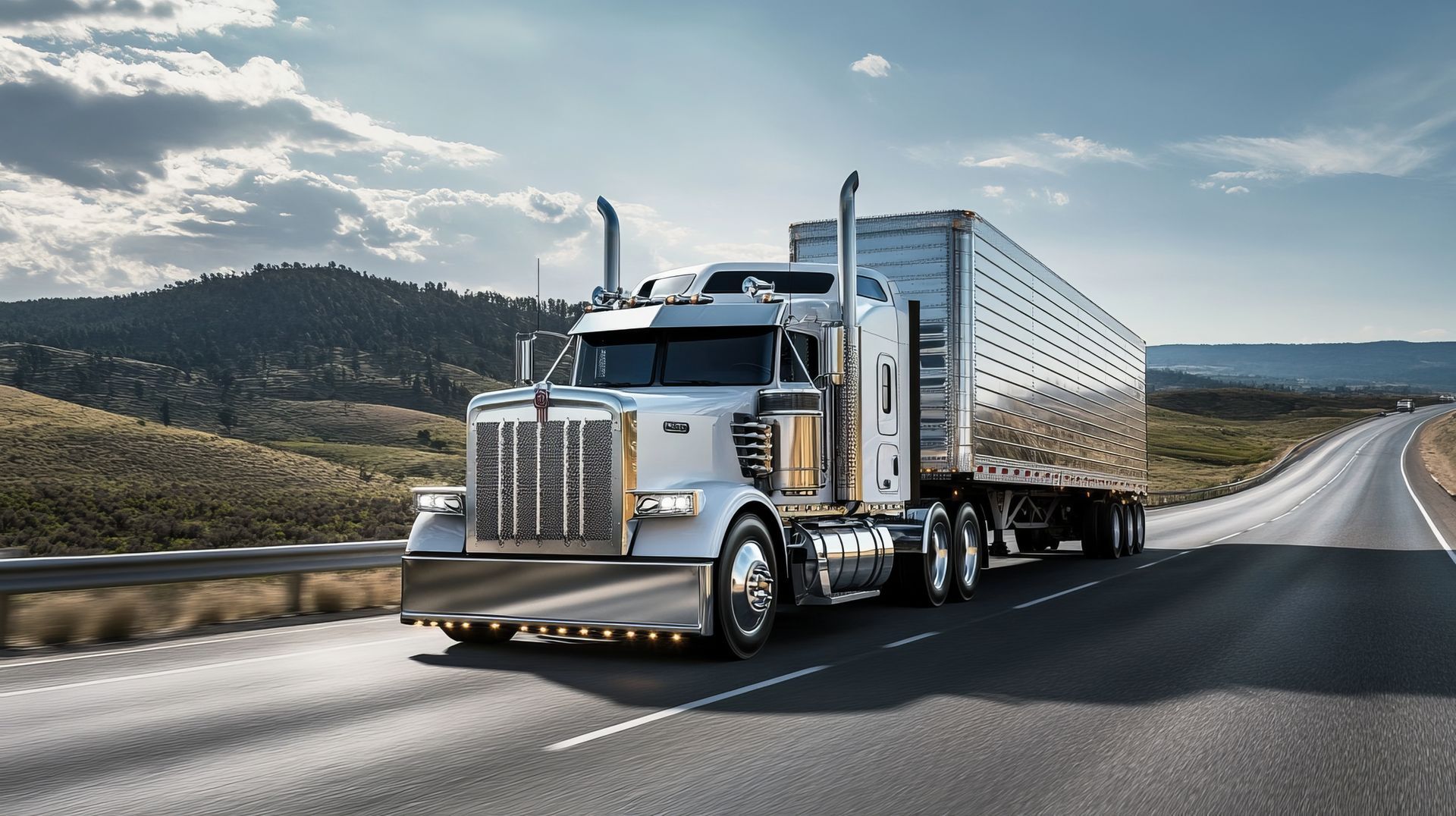 A semi truck is driving down a highway with mountains in the background.