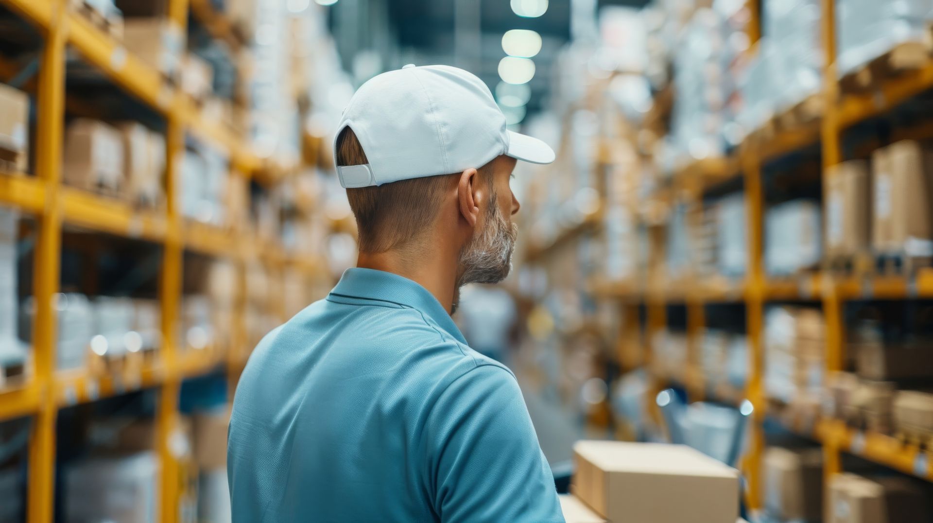 A man is standing in a warehouse holding a box.