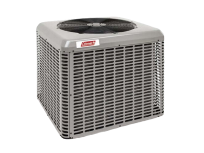 Gray Coleman air conditioning unit with fan on top.