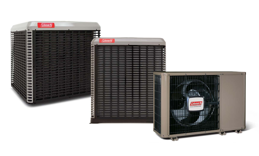 Three Coleman air conditioning units, various sizes, on a white background.