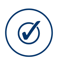 Dark blue check mark inside a dark blue circle, within a white circle, framed by a dark blue ring.