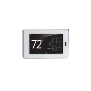 White thermostat displaying 72 degrees with touch screen controls.