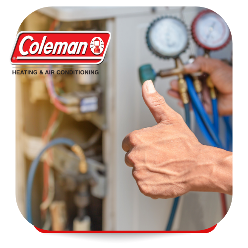 Coleman Heating & Air Conditioning service person giving a thumbs-up. Equipment and gauges are in the background.
