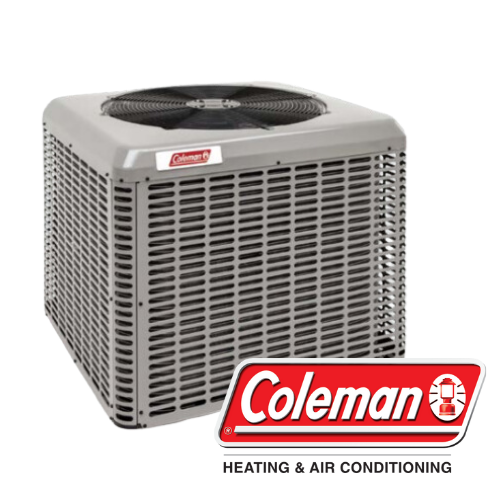 Coleman air conditioning unit. Gray, rectangular, with fan on top and brand logo in red.