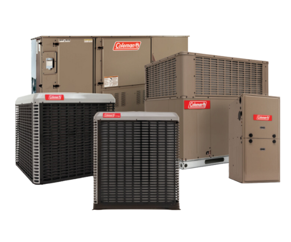 Coleman brand air conditioning units. Several beige-colored units with black grilles are displayed.