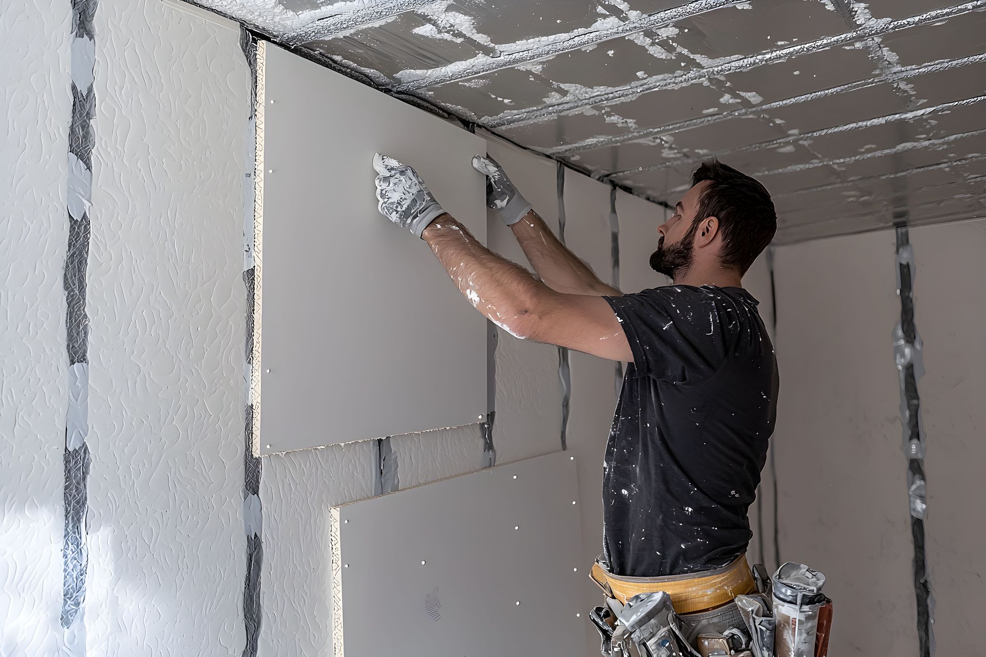 A man installing drywall on a wall, wearing gloves. Interior construction site with partially finished surfaces.