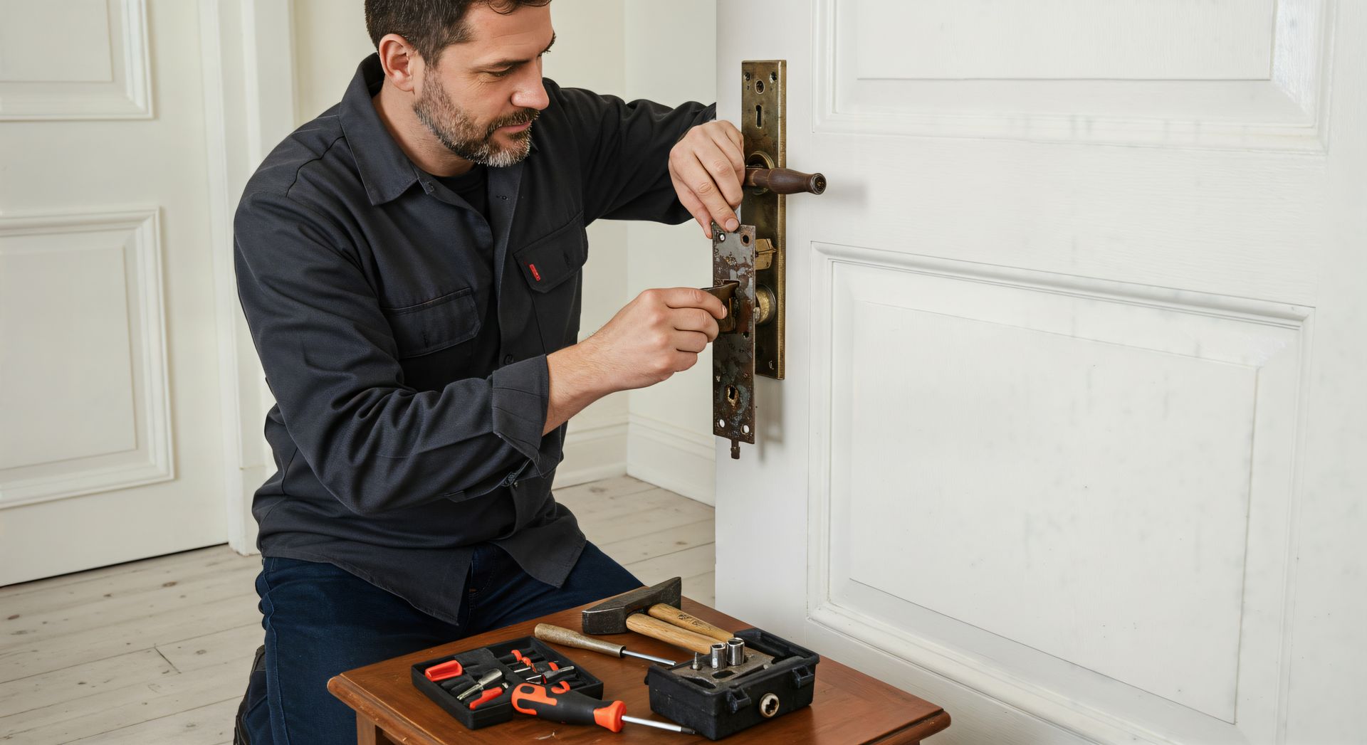 Man kneeling, repairing a door lock with tools. White door, neutral setting.