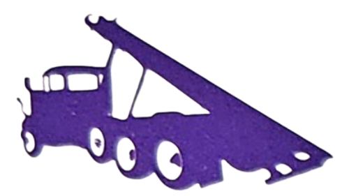 A purple truck with a crane on the back of it