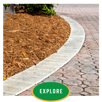 Curved concrete border around mulch bed beside paver walkway, with green “EXPLORE” button overlay