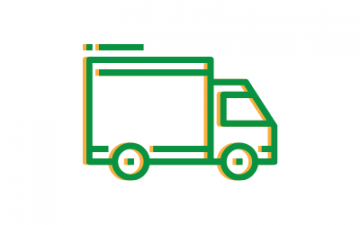 Green and yellow outline of a delivery truck icon on a white background