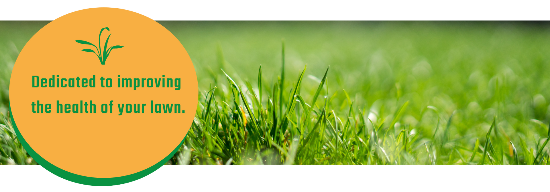 Orange circle logo over green grass with text: “Dedicated to improving the health of your lawn.”