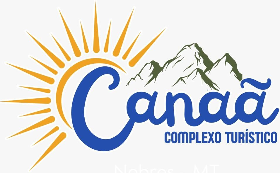 Logotipo da Cana&atilde; Completo Tur&iacute;stico com texto azul, raios de sol laranja e montanhas verdes.