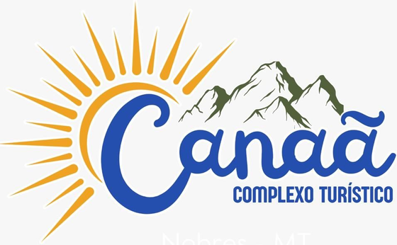 Logotipo da Cana&atilde; Completo Tur&iacute;stico com texto azul, raios de sol laranja e montanhas verdes.