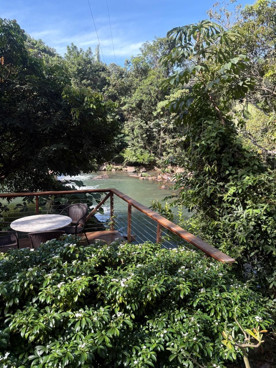 Deck de madeira com vista para um rio tranquilo em meio a árvores e folhagens verdejantes.