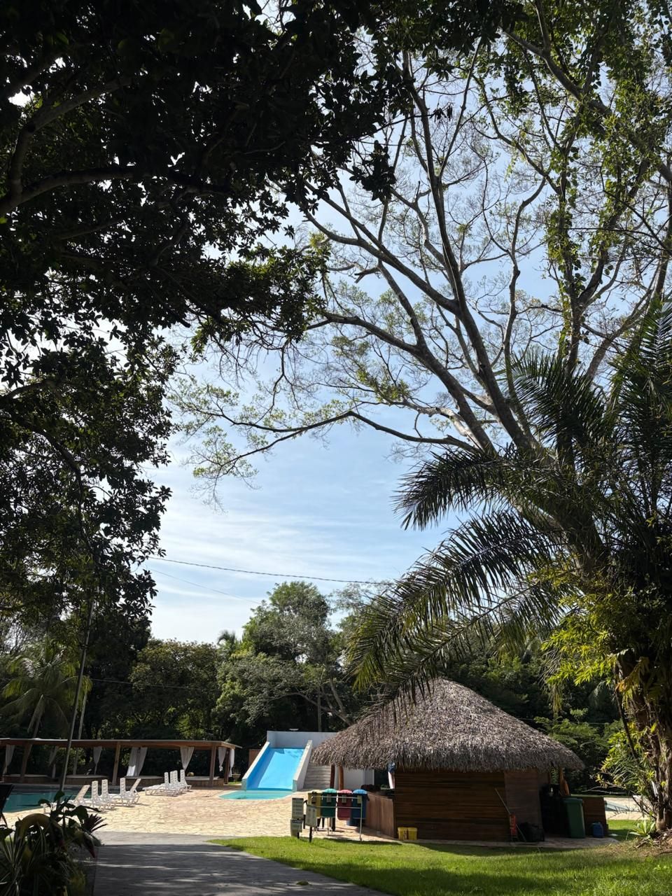 Piscina externa sombreada com um tobogã azul, uma cabana de palha e árvores por cima.