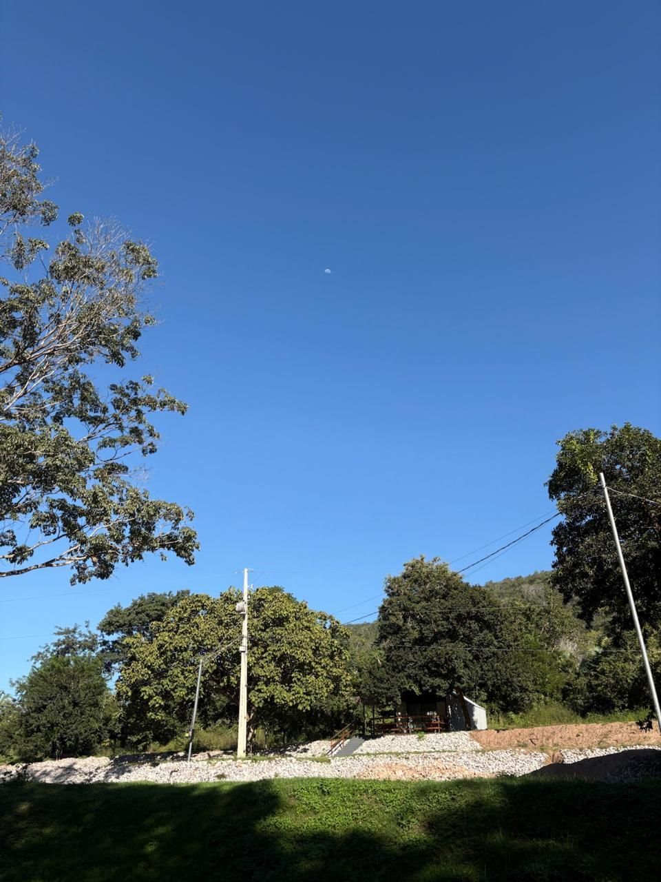 Céu azul sobre árvores e postes de energia ao lado de um talude rochoso na beira da estrada.