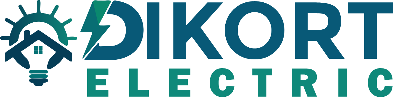 Logo for Dikort Electric featuring a stylized house integrated into a lightbulb icon with a lightning bolt, in teal.