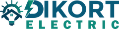 Logo for Dikort Electric featuring a stylized house integrated into a lightbulb icon with a lightning bolt, in teal.