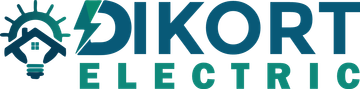 Logo for Dikort Electric featuring a stylized house integrated into a lightbulb icon with a lightning bolt, in teal.