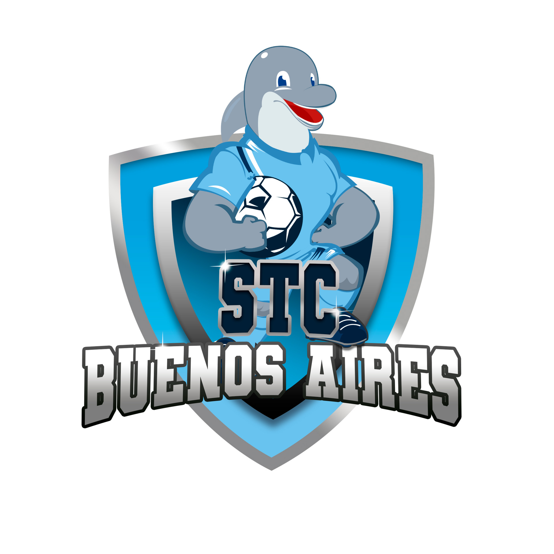 Una mascota delfín con una camiseta de fútbol sostiene un balón. El logo del equipo STC Buenos Aires aparece en un escudo.