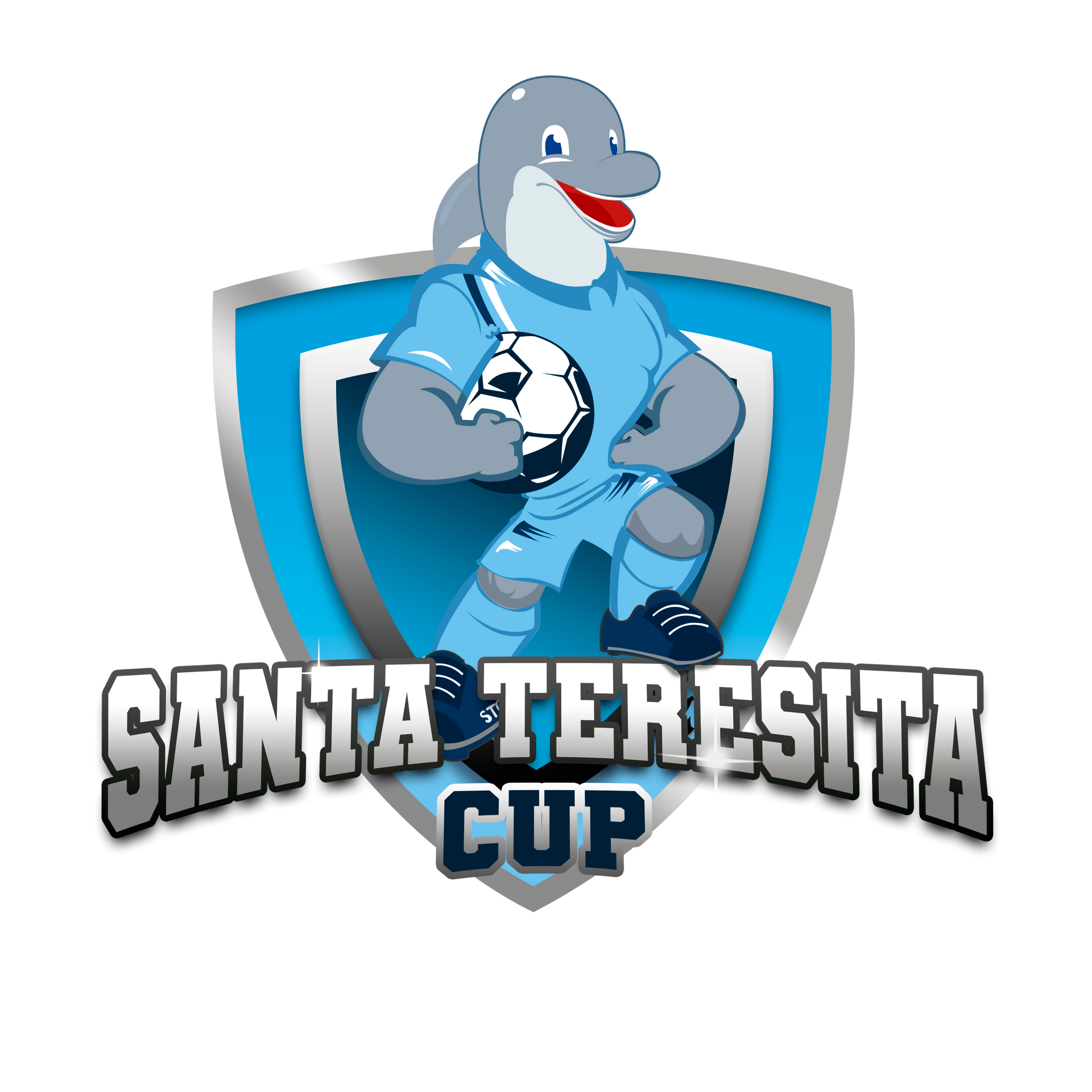 Logotipo de la Copa Santa Teresita que presenta un delfín sonriente con uniforme de fútbol sosteniendo un balón