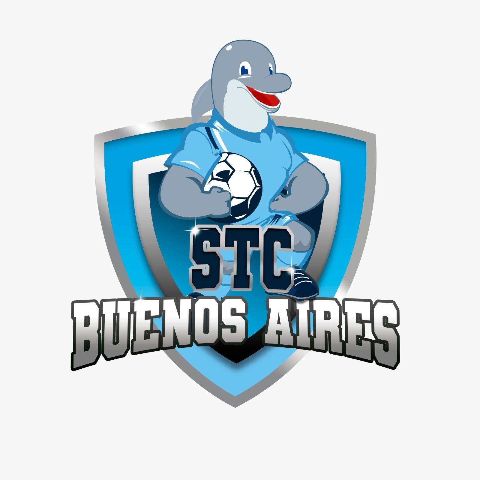 Una mascota delfín con una camiseta de fútbol sostiene un balón. El logo del equipo STC Buenos Aires aparece en un escudo.