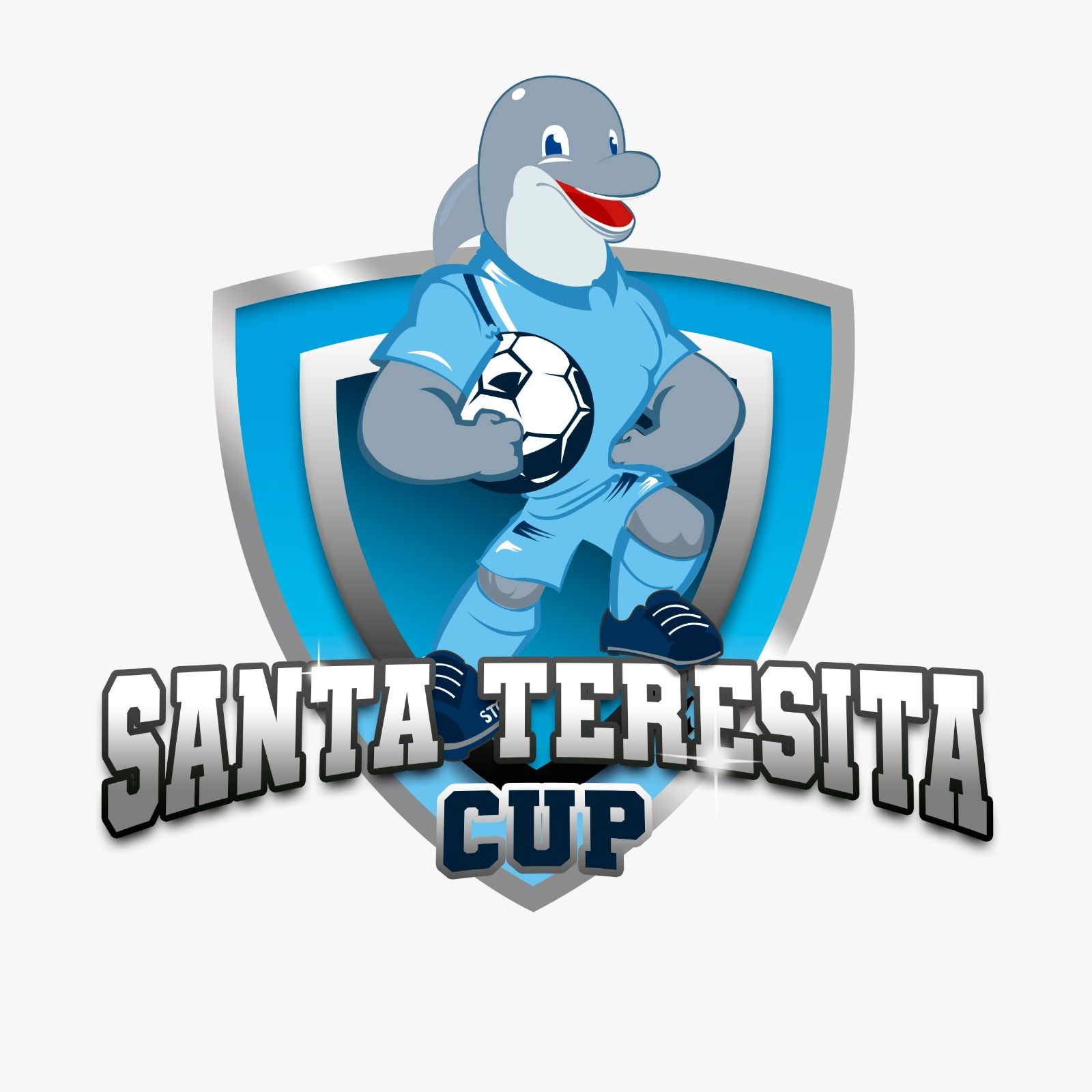 Logotipo de la Copa Santa Teresita que presenta un delfín sonriente con uniforme de fútbol sosteniendo un balón