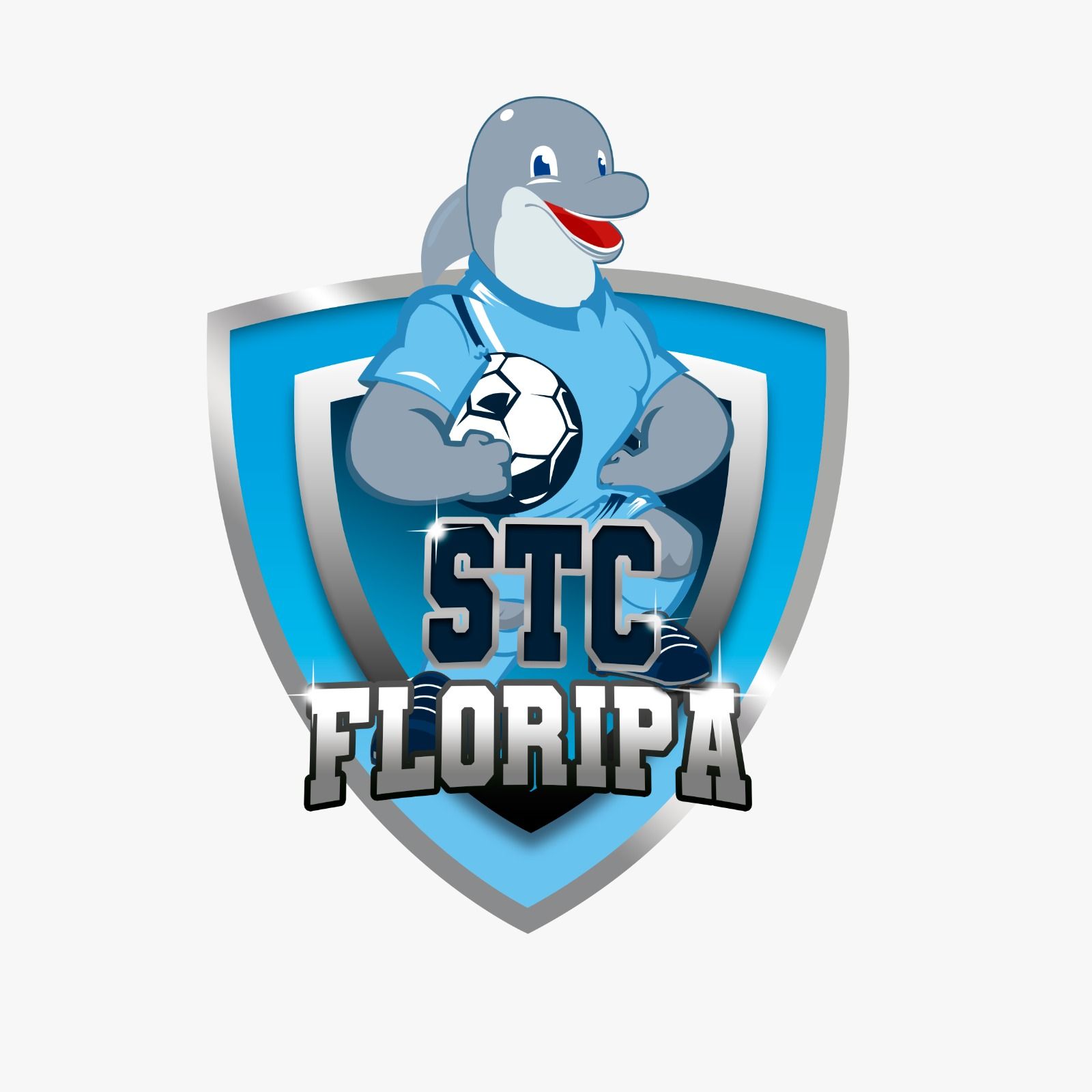 Una mascota de delfín con un uniforme de fútbol azul claro sosteniendo un balón de fútbol dentro de un logotipo