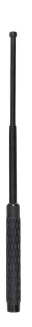Black metal object with textured handle, long body, and small top.