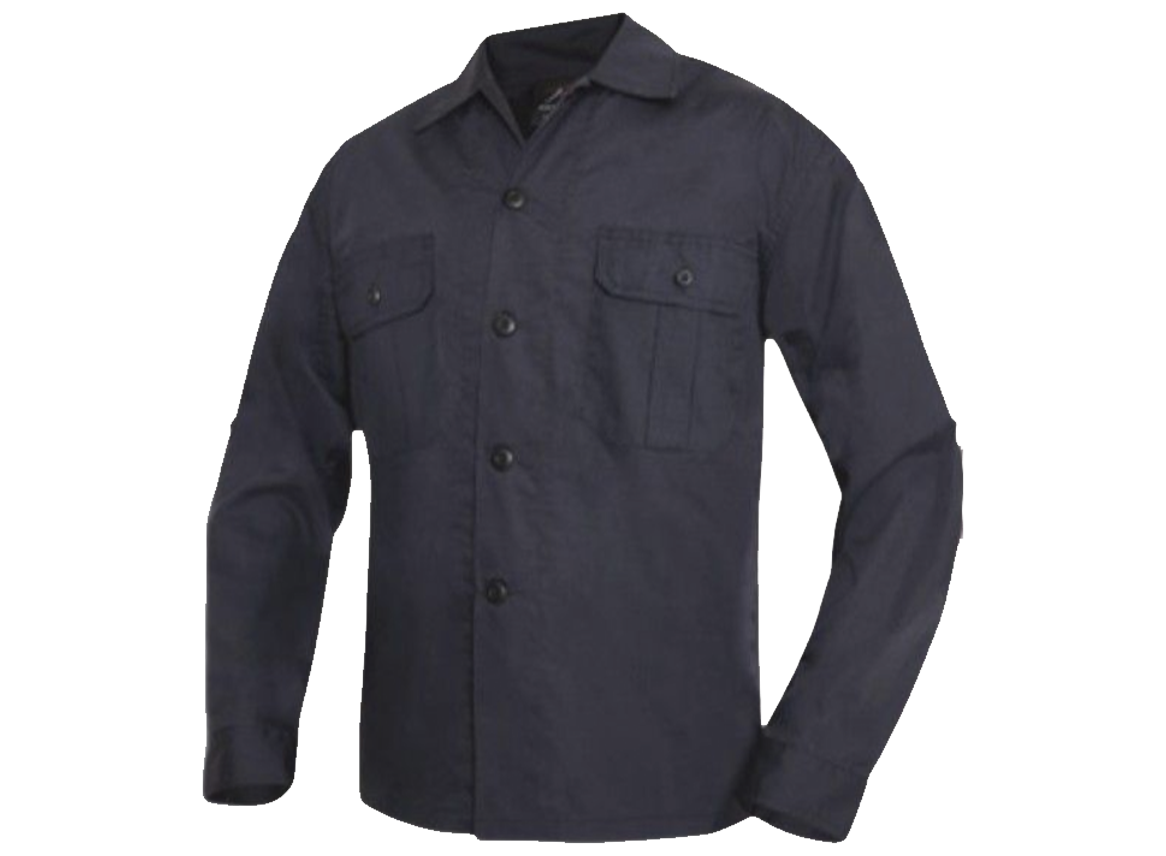 Navy blue work shirt with two chest pockets, long sleeves, and button closure.