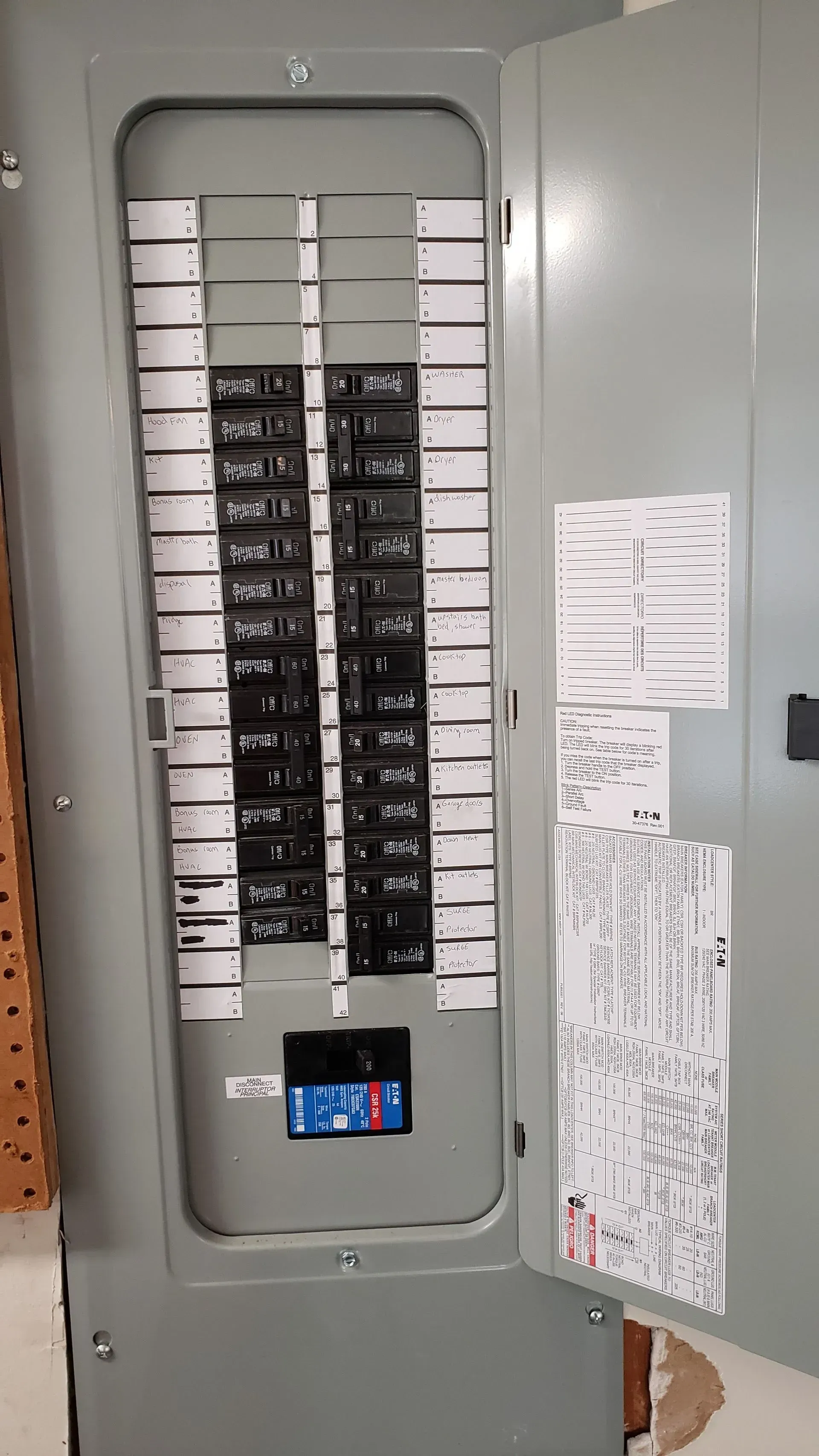 Open gray electrical panel with many black circuit breakers and labeling.