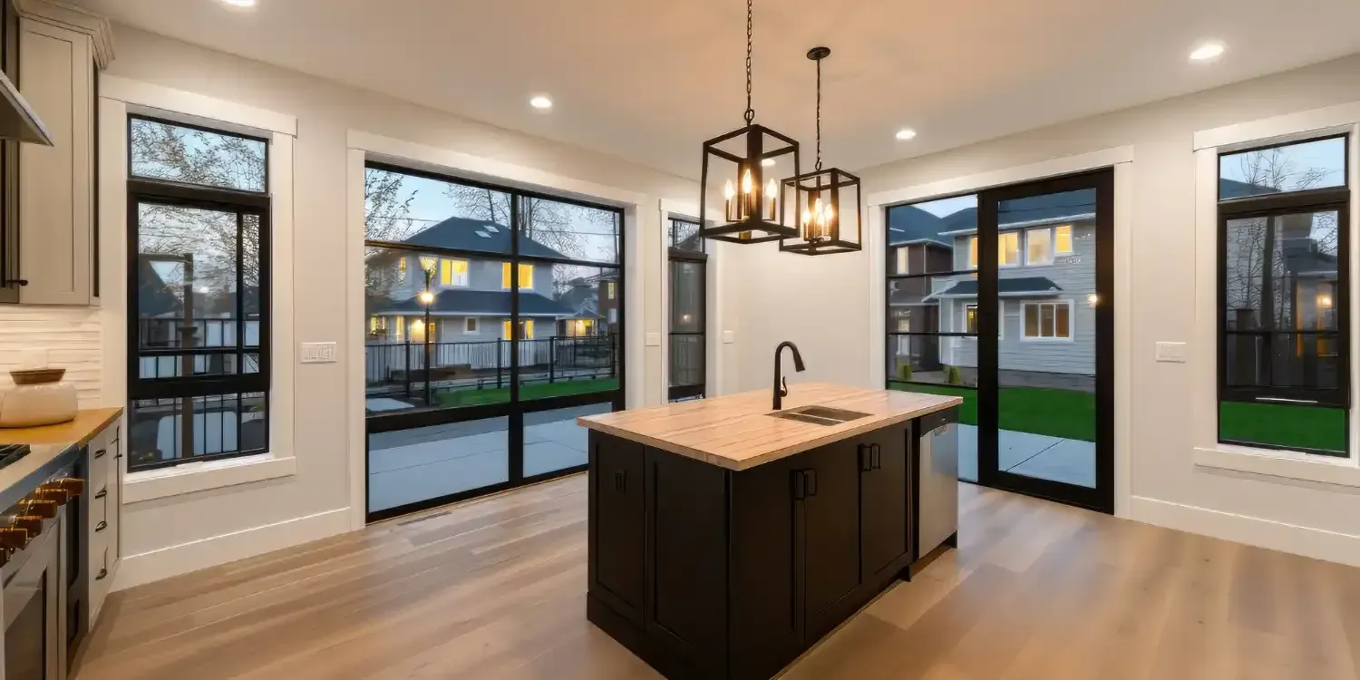Modern kitchen with large windows, black-framed doors, and a central island with wood cabinets