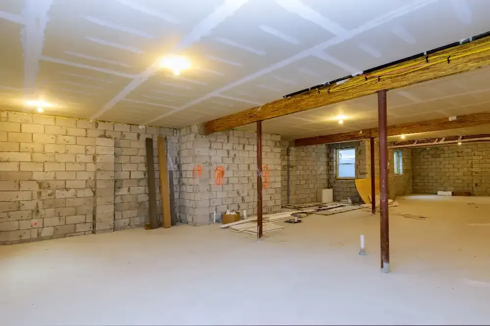 Unfinished basement with concrete block walls, exposed ceiling beams, and utility posts in a bare open room.