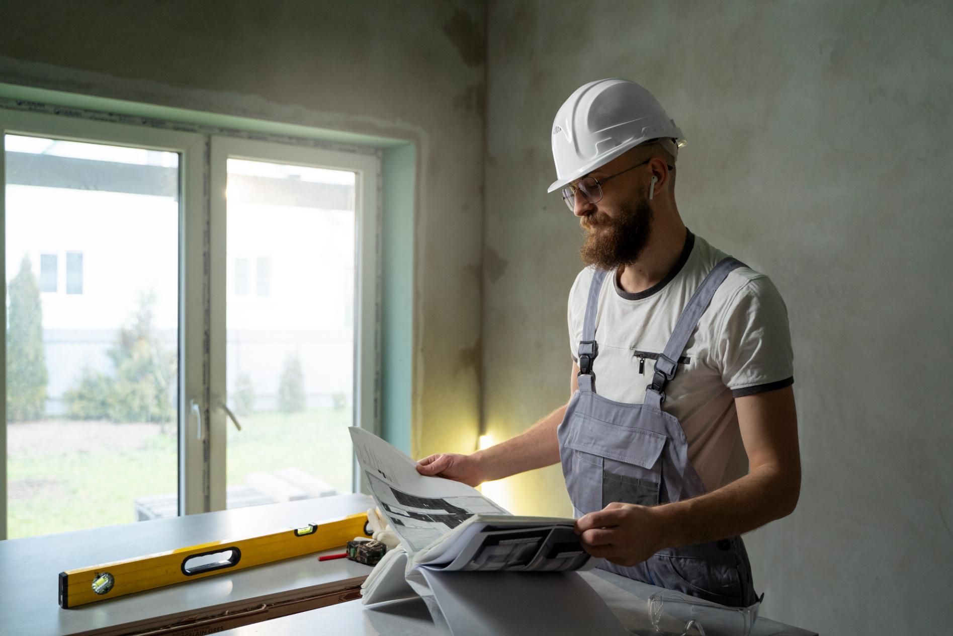 Construction worker in hard hat and overalls examining blueprints near a window and level.