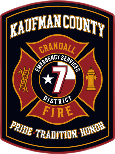 Emblem for Kaufman County Emergency Services District 7 Fire, featuring a Maltese cross, Texas flag, and text.