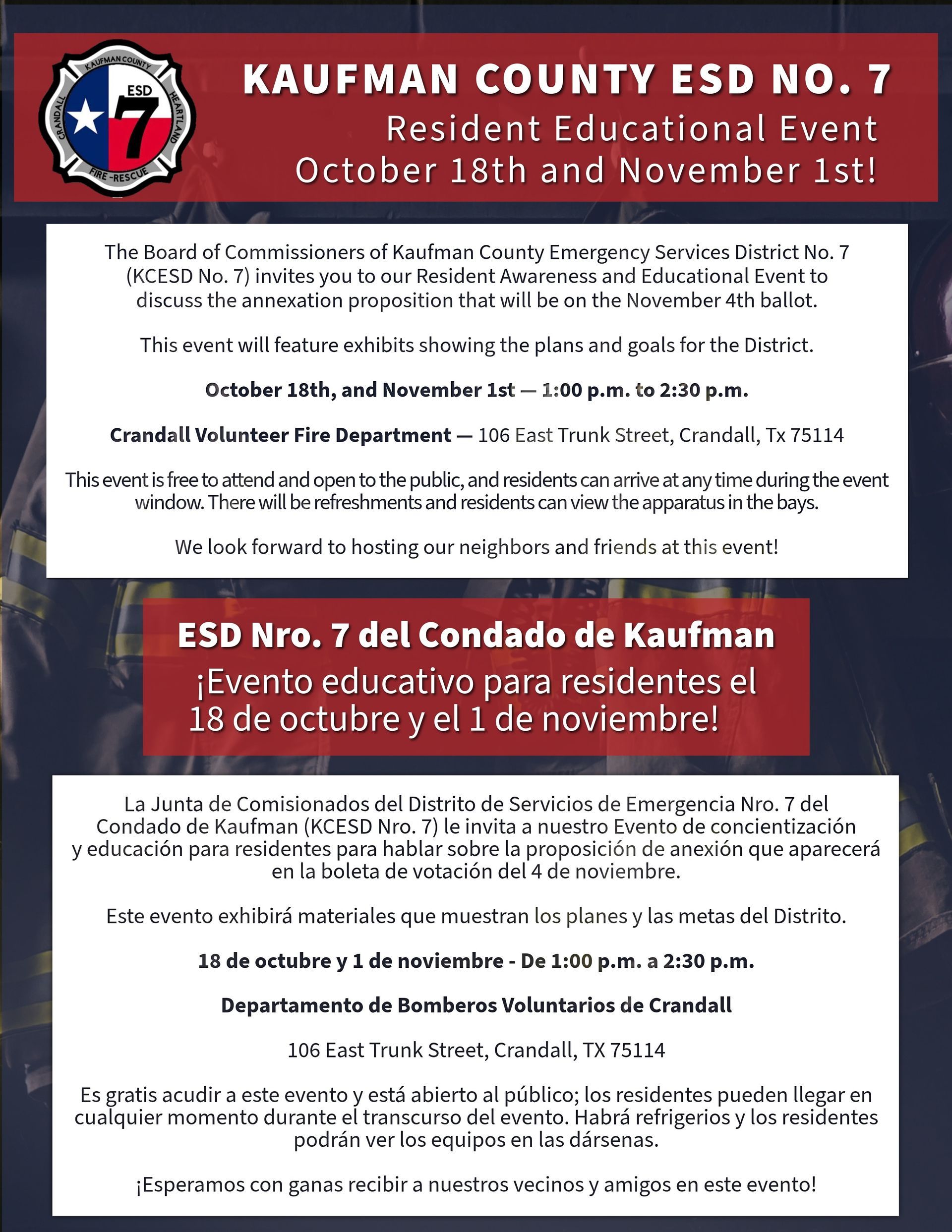 Flyer for Kaufman County ESD No. 7 Resident Educational Event, October 18th & November 1st, at the fire station.