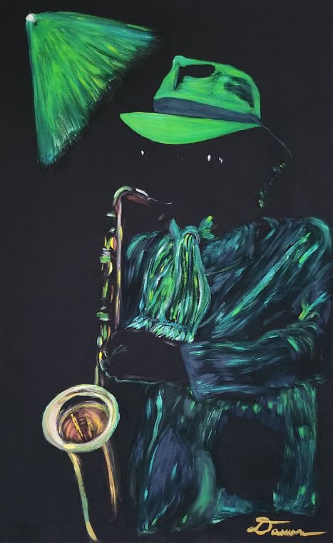 Abstract neon painting of a musician in a green hat playing saxophone against a dark background