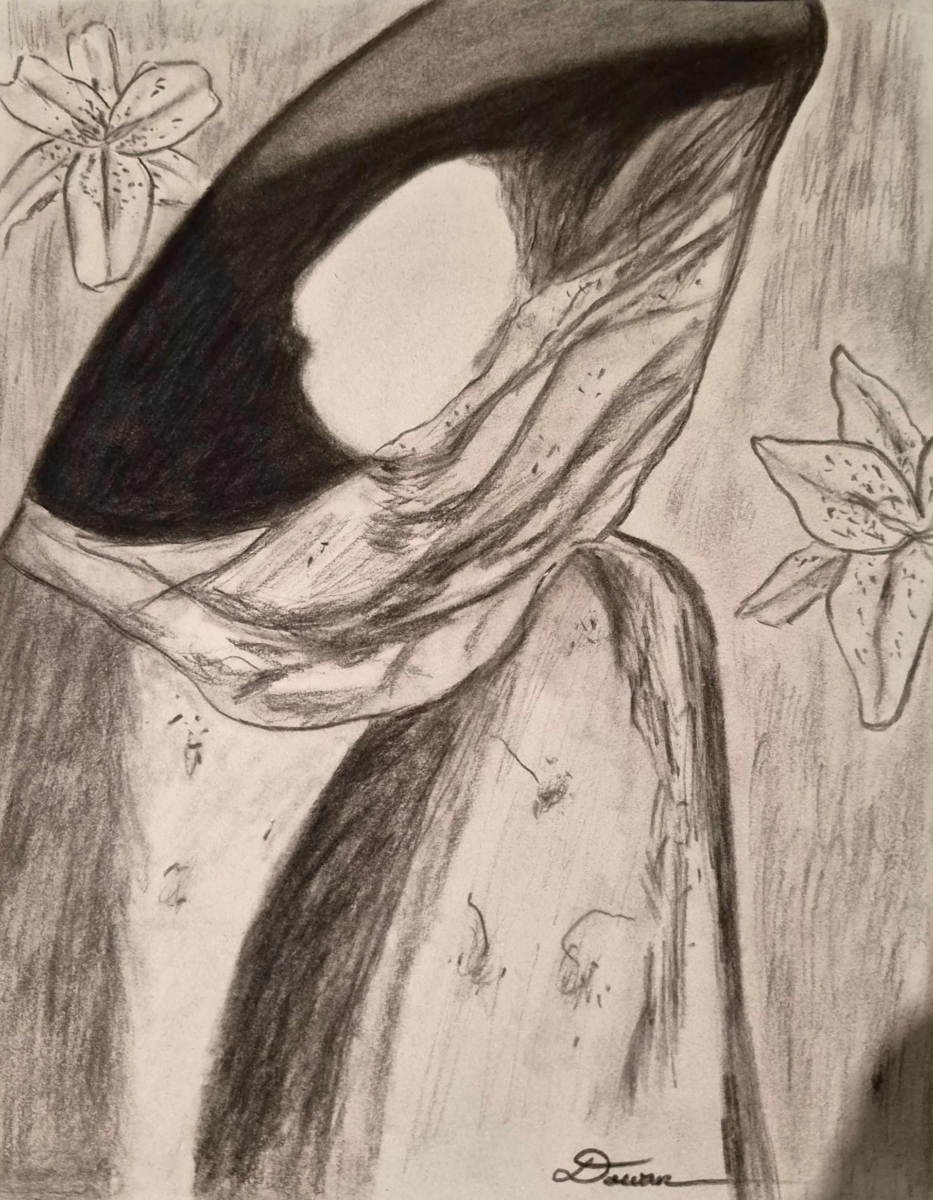 Pencil sketch of a hooded figure with a bright face area, framed by flowers on the sides.