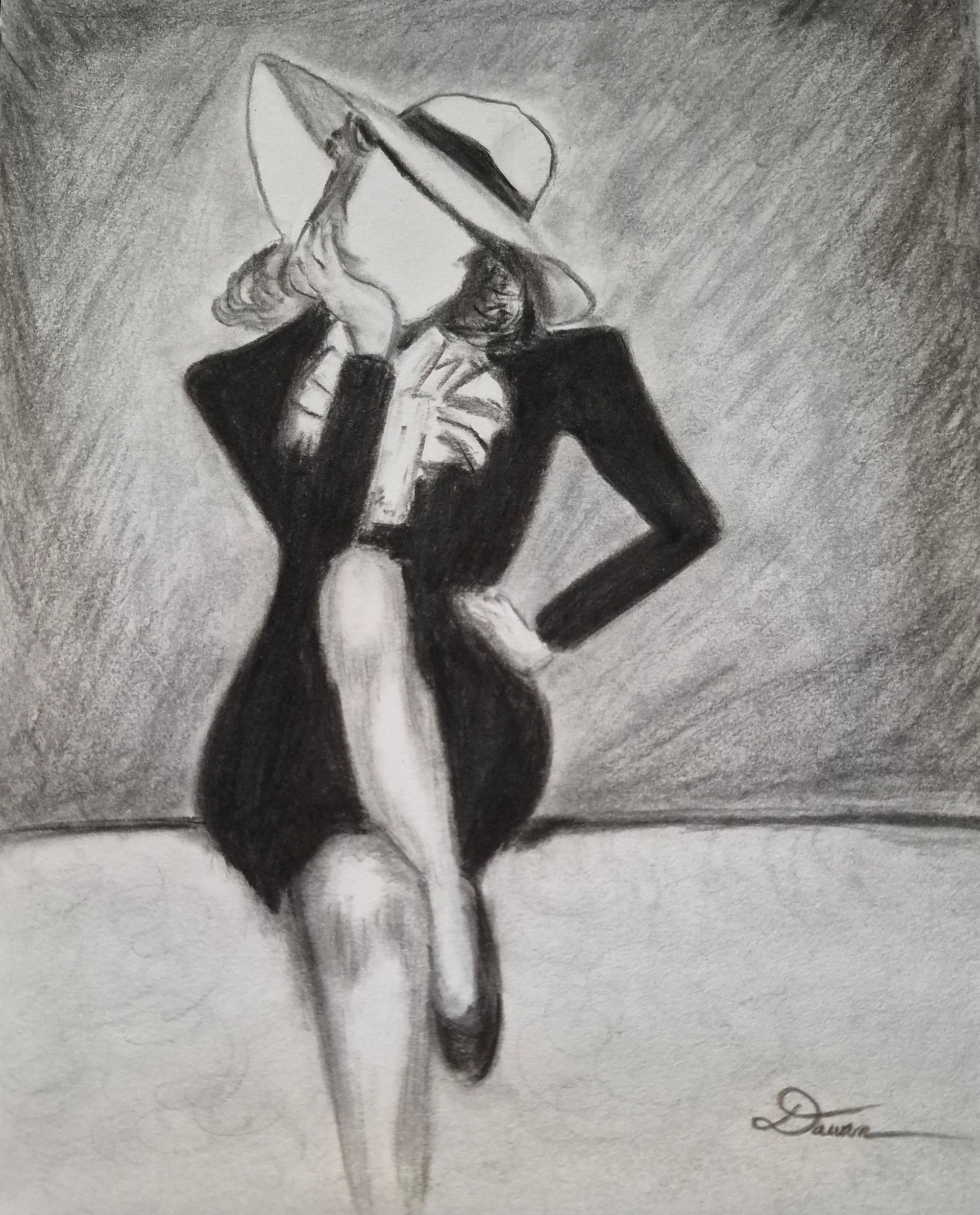Charcoal drawing of a seated woman in a hat, wearing a black coat, in a stylized gray background.