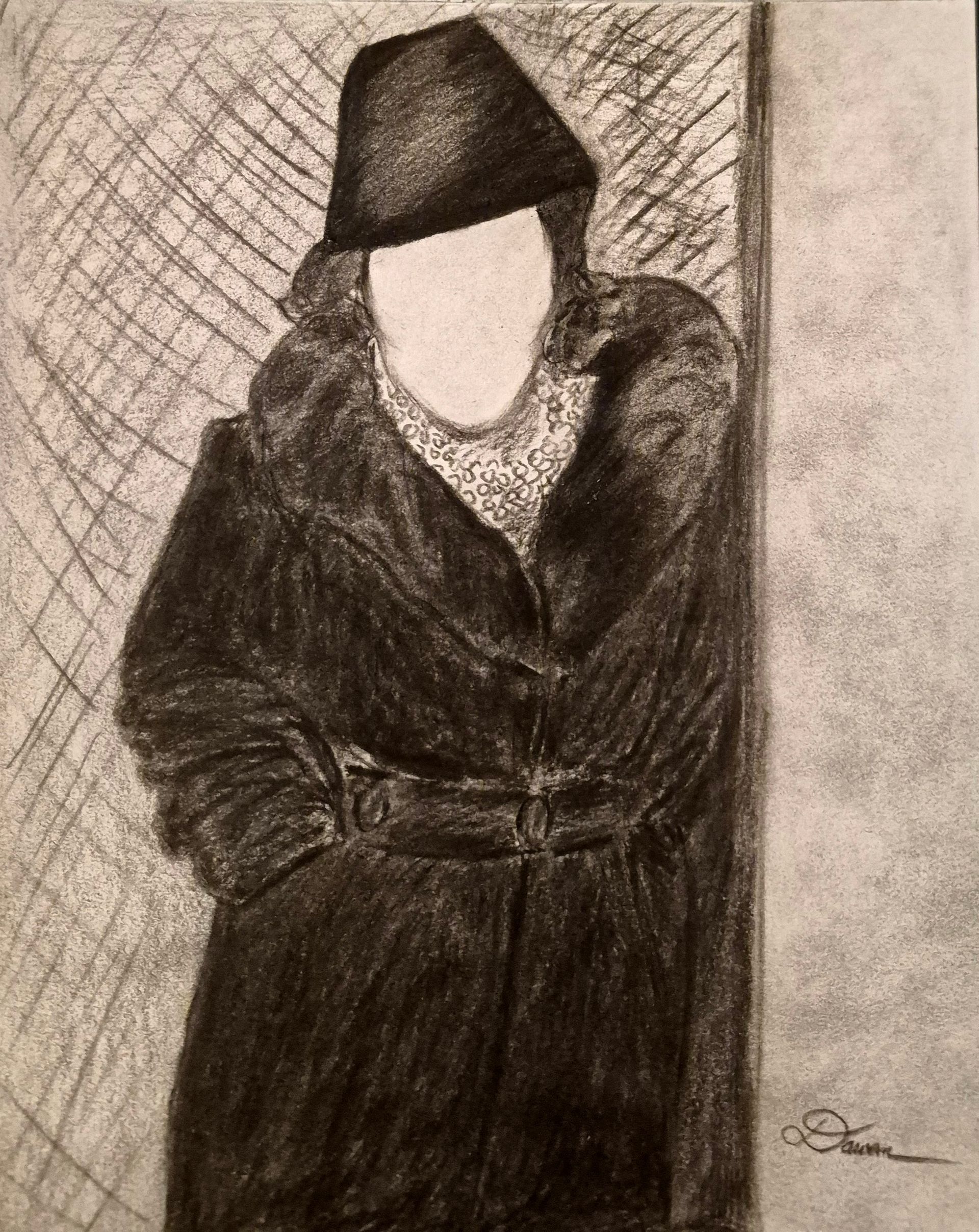 Charcoal sketch of a hooded person in a long coat with hands in pockets against a textured background