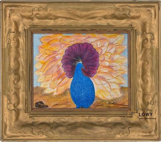 Peacock with bright blue body and purple tail framed in an ornate gold frame